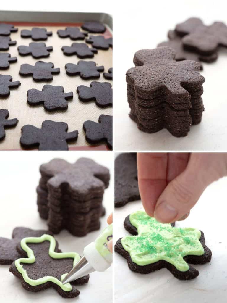 A collage of four photos showing the steps for making keto shamrock cookies.