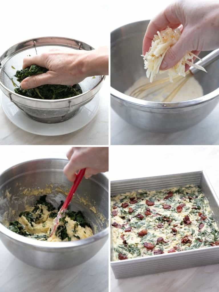 A collage of 4 photos showing the steps for making keto spinach squares.
