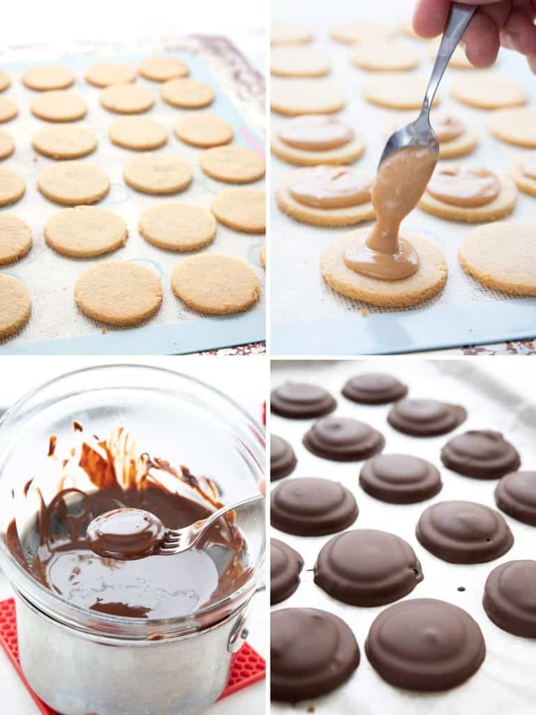 A collage of four photos showing the steps for making Keto Tagalong Cookies.