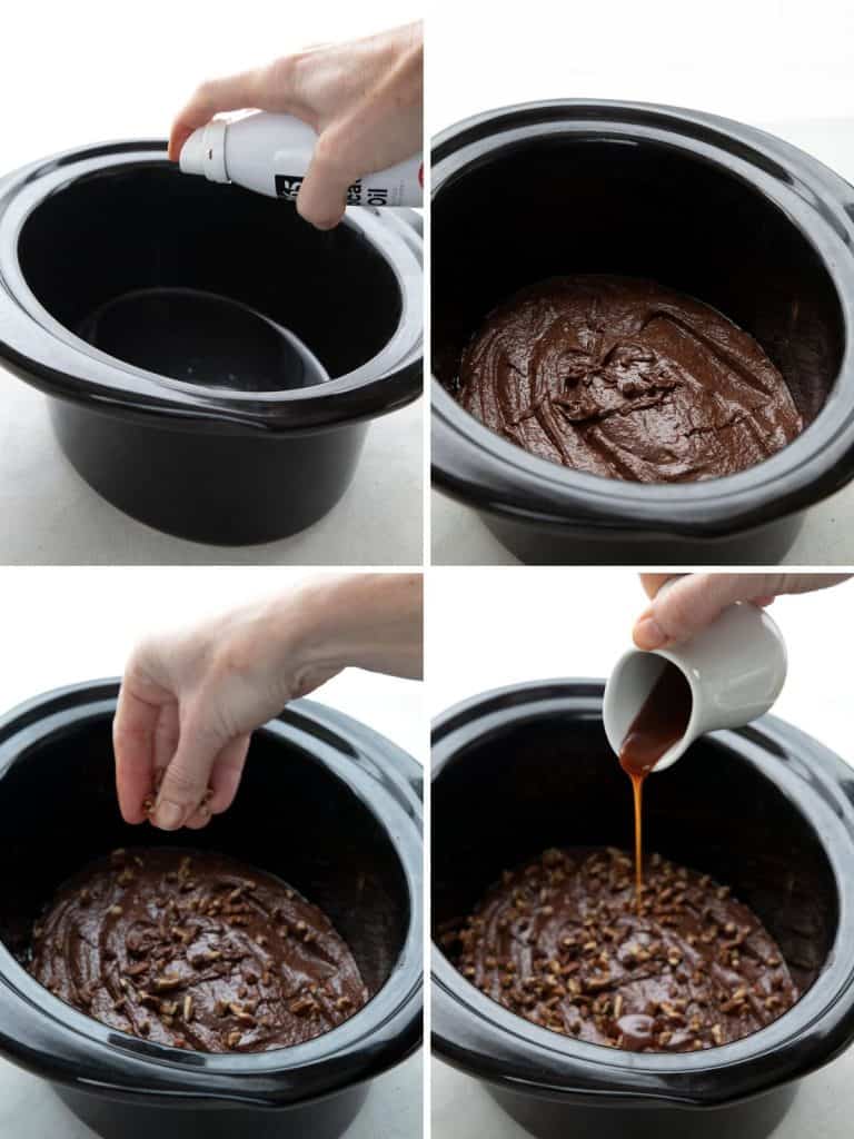 Four photos showing the steps for making keto slow cooker brownies.