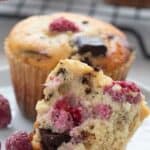 Titled Pinterest image for Keto Raspberry Chocolate Chunk Muffins