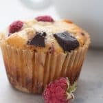 Titled image of keto raspberry chocolate muffins.