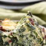 Titled image of two spinach squares on a white plate.