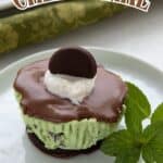 Titled image of a mini Keto Thin Mint Cheesecake on a white plate with a sprig of fresh mint.