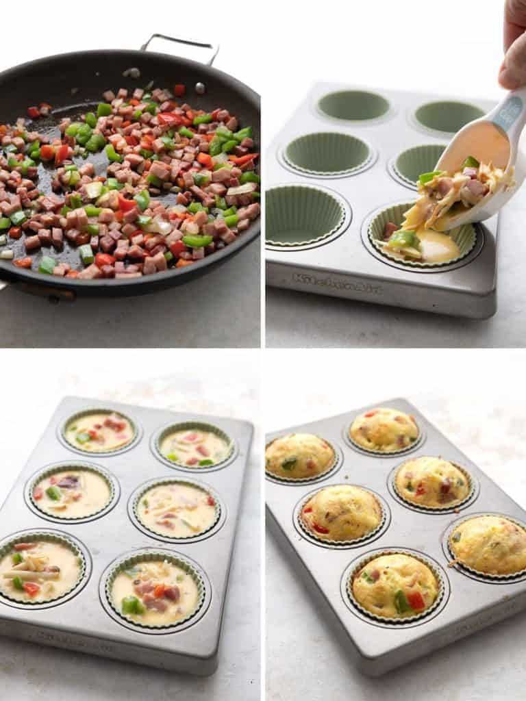 Four photos showing the steps for making keto egg muffins.