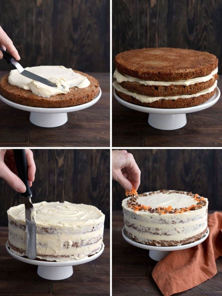 Four images showing how to assemble a keto carrot cake.
