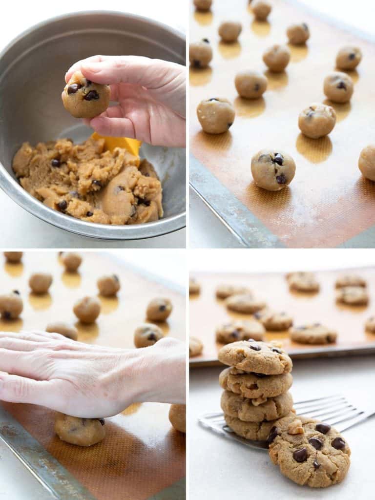 Four photos showing how to make the best keto chocolate chip cookies.
