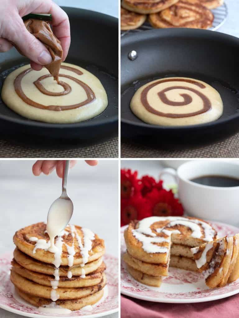 Four images showing how to make keto cinnamon roll pancakes.