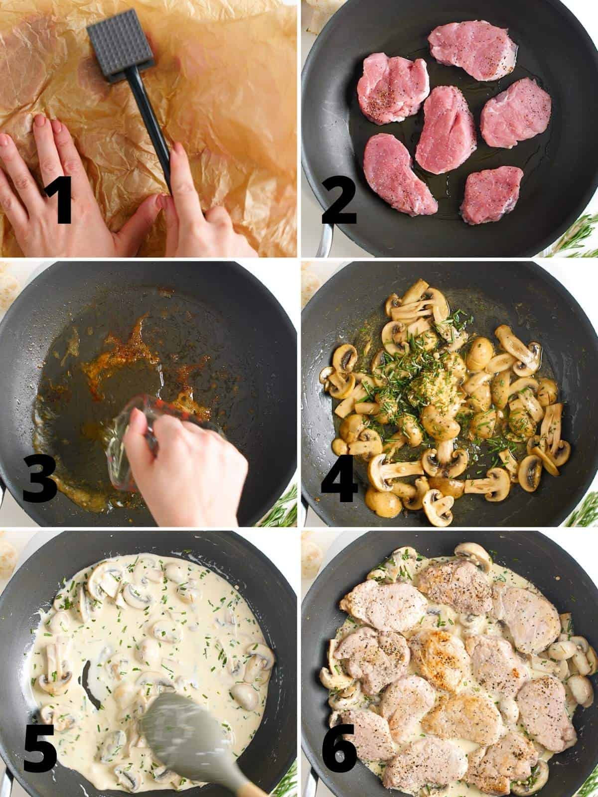 A collage of 6 images showing the steps for making pork medallions. 