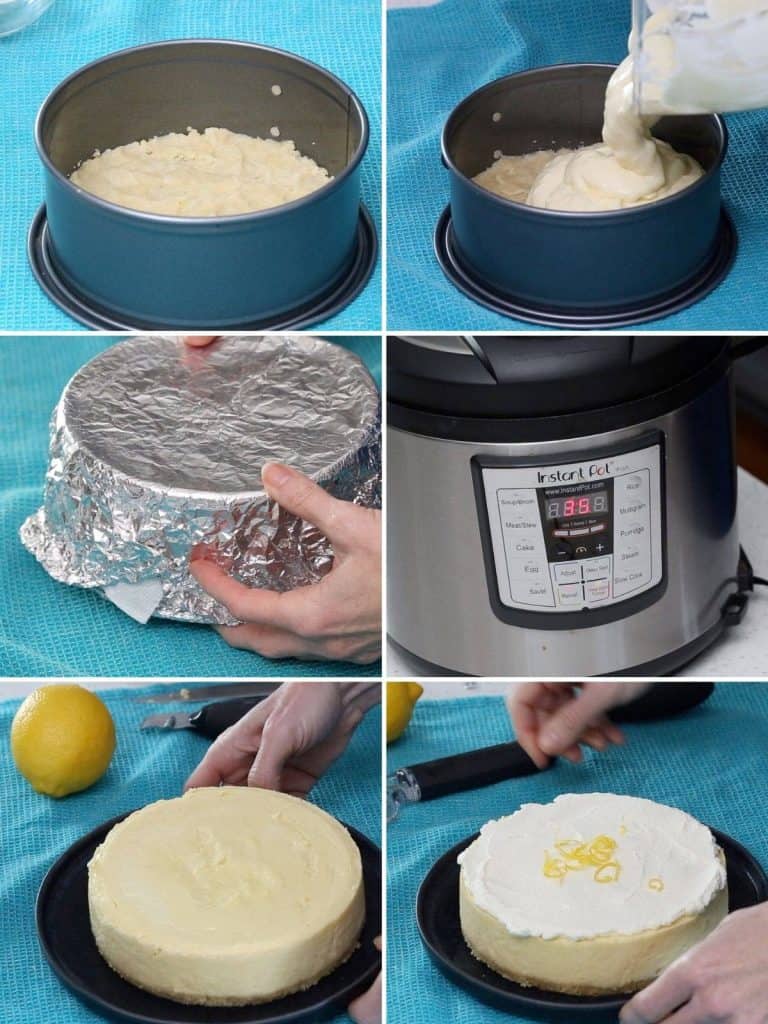 Six photos showing the steps for making keto instant pot cheesecake.