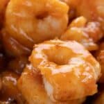 Close up shot of Keto Honey Buffalo Shrimp with the title across the top.