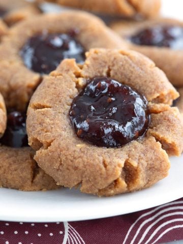 Close up shot of a keto peanut butter and jam cookie.