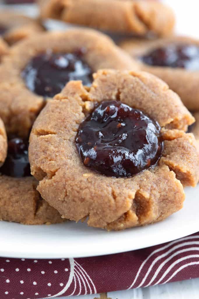 Close up shot of a keto peanut butter and jam cookie.