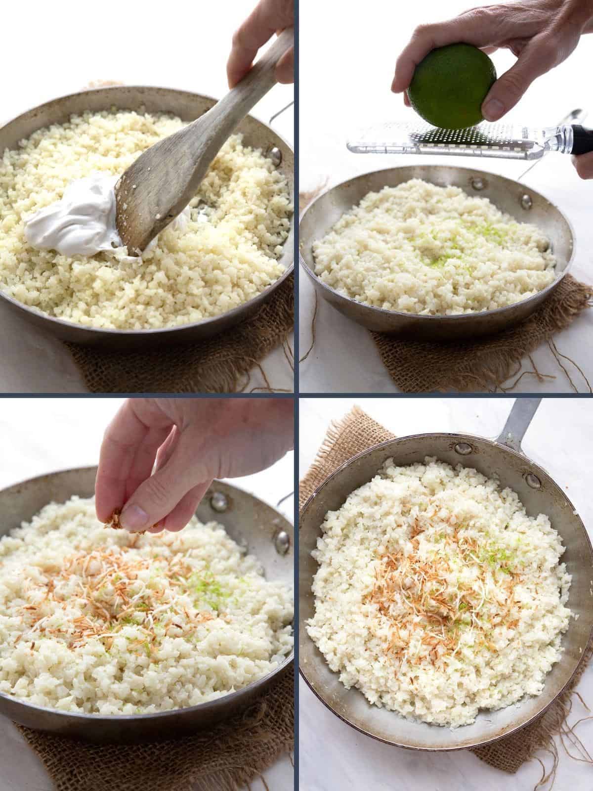 Four images showing the steps for making coconut cauliflower rice.