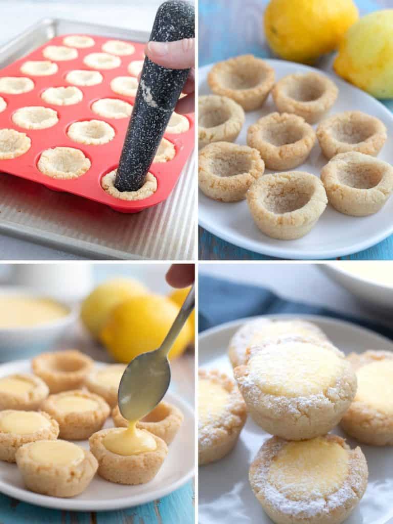 Four photos showing how to make keto lemon bar cookies.