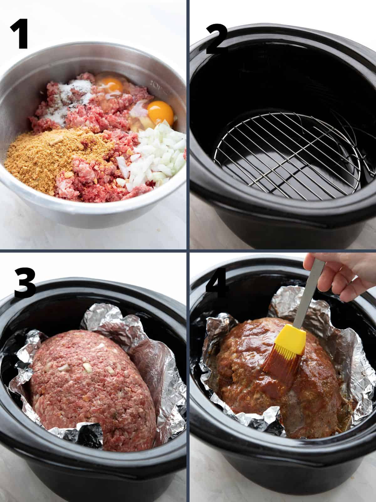 A collage of four images showing how to make Keto Meatloaf. 