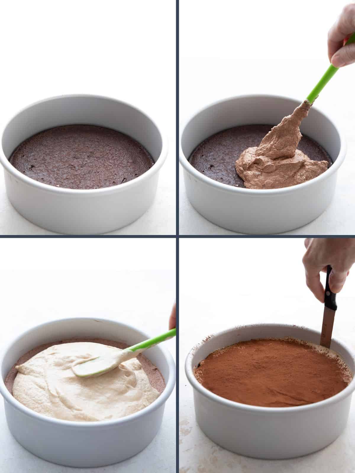 Four images showing the steps for making keto espresso mousse cake.