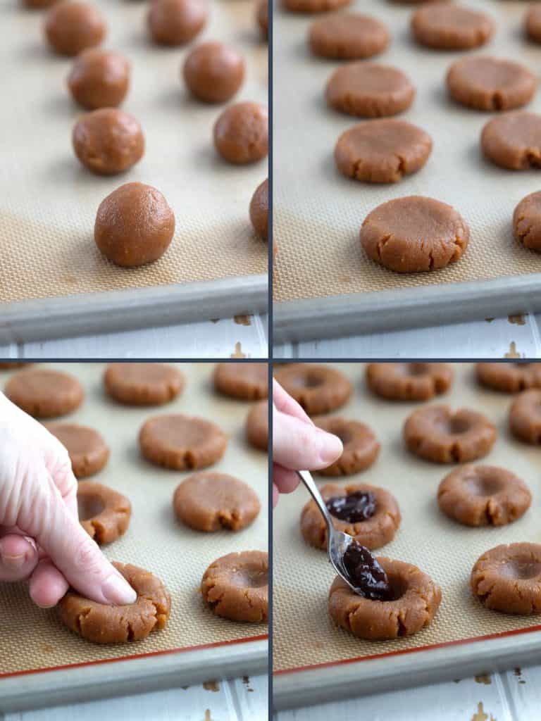 Four images showing the steps for making keto thumbprints.