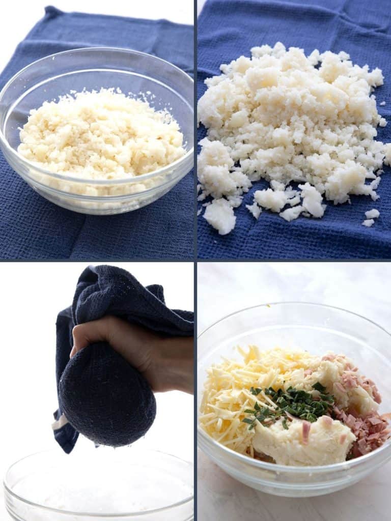 Four images showing the steps for making cauliflower fritters.