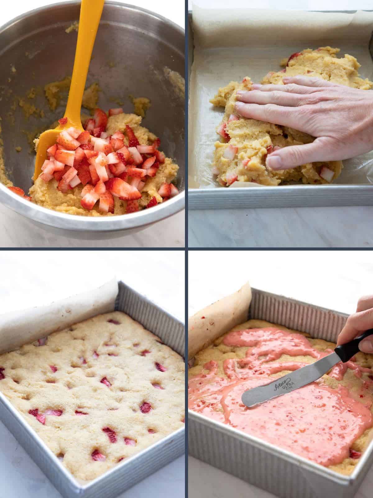 Four images showing the steps for making strawberry lemon blondies.