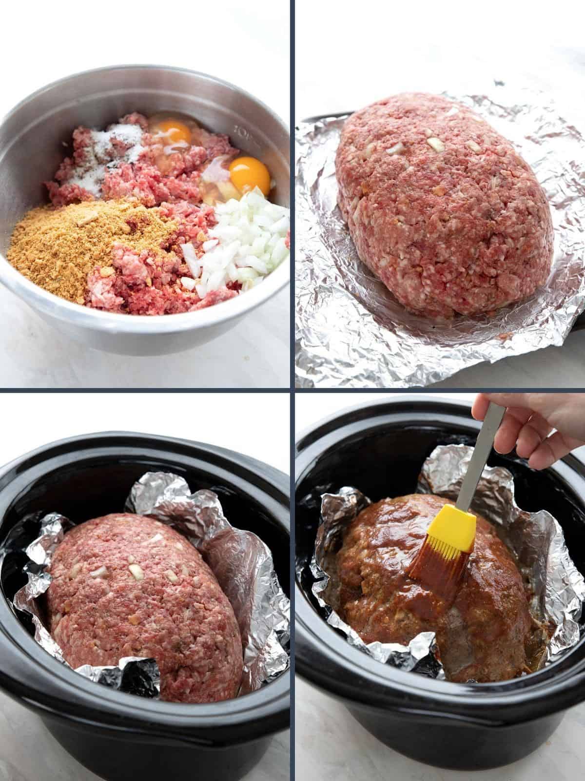 A collage of four photos showing the steps for making keto meatloaf in a slow cooker.