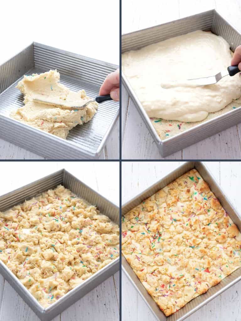 Four images showing how to make keto sugar cookie cheesecake bars.