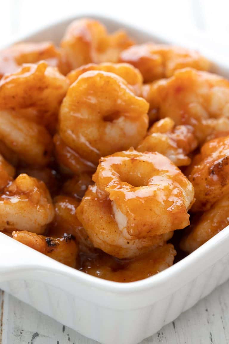 Keto Honey Buffalo Shrimp in a rectangular white serving dish.