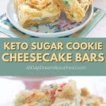 Pinterest collage for keto sugar cookie cheesecake bars.
