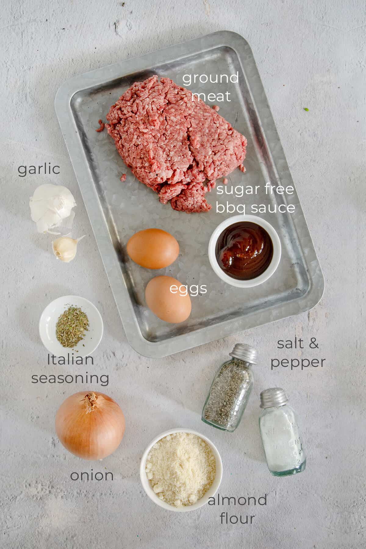Top down image of the ingredients labeled for crockpot keto meatloaf