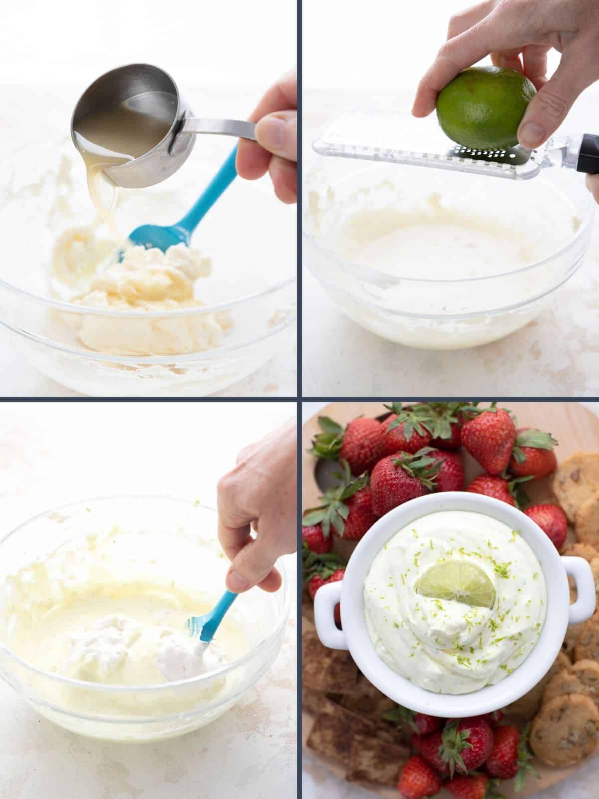 Four images showing how to make keto key lime fruit dip.