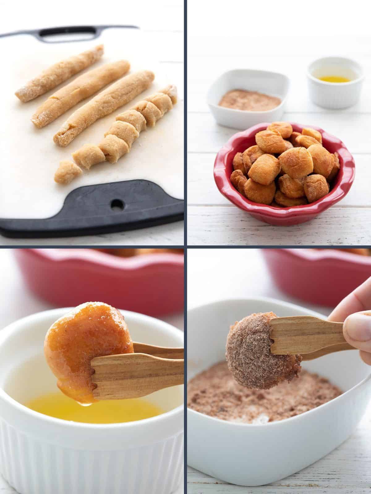Four images showing how to make keto cinnamon pretzel bites.
