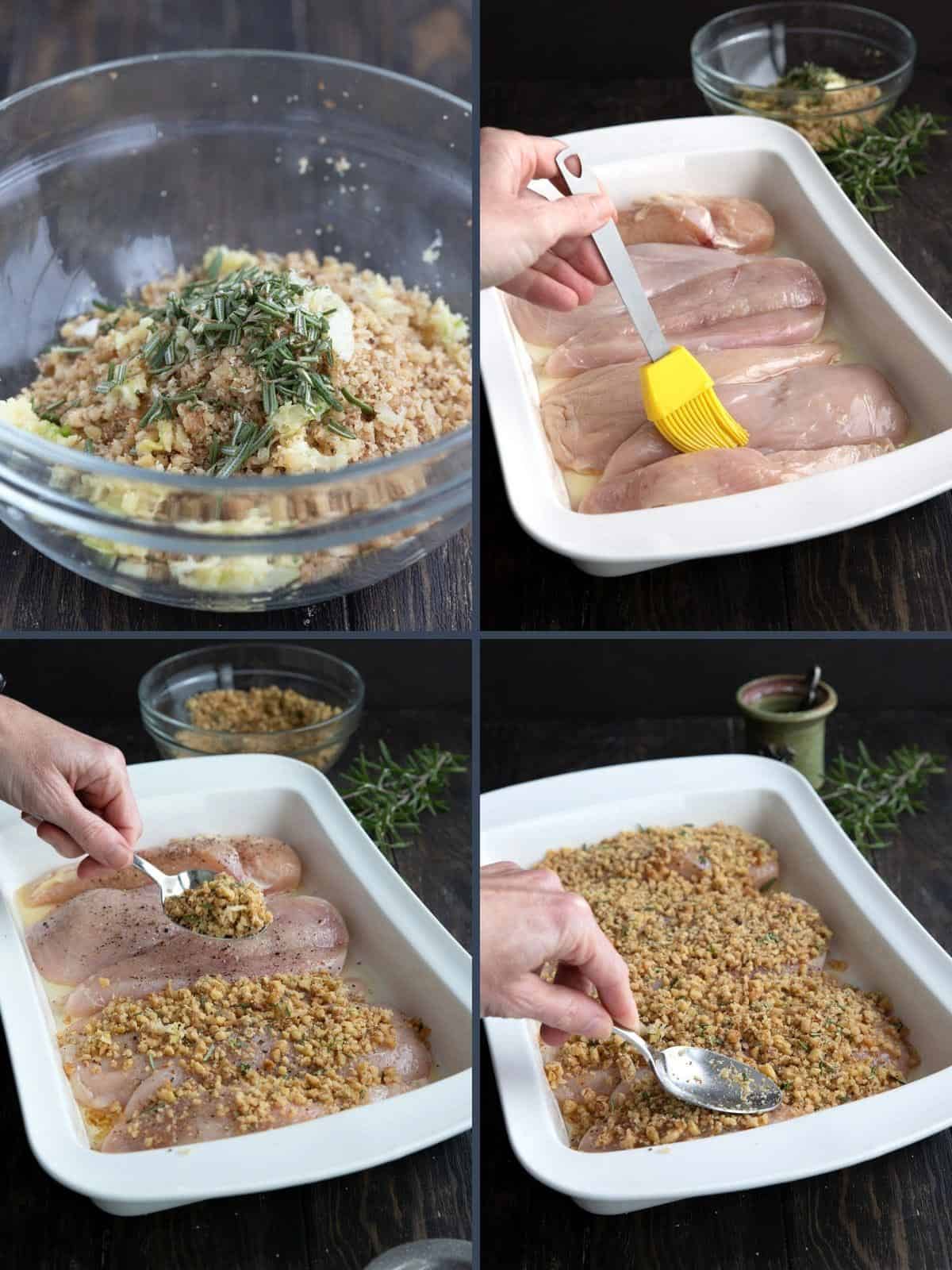 Four images showing the steps for making walnut crusted chicken.