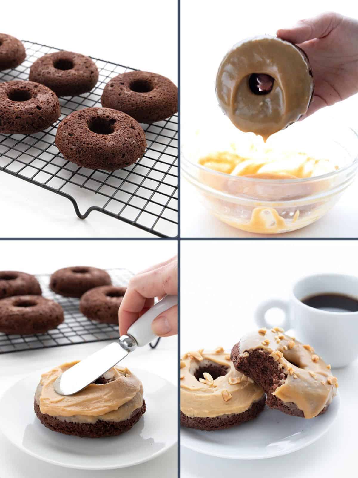 Four images showing how to make Keto Chocolate Peanut Butter Donuts.
