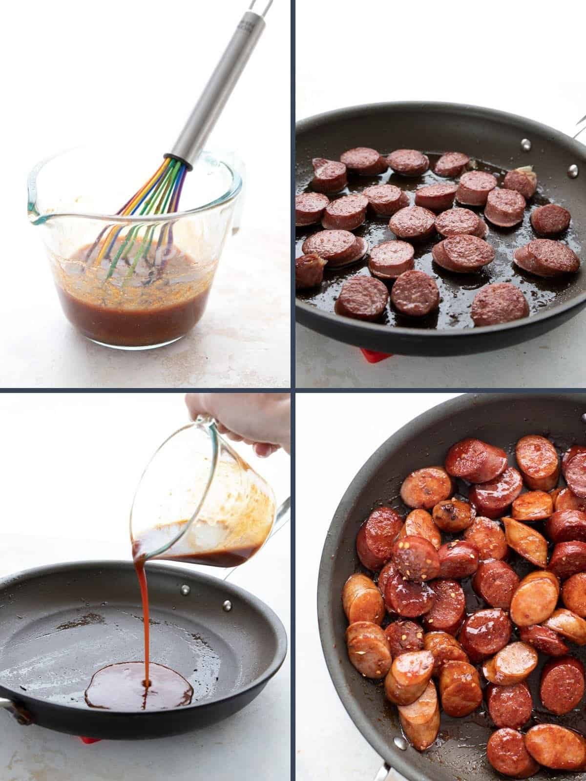 Four images showing the steps for making keto kielbasa bites.