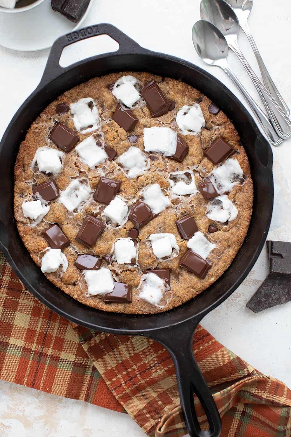Top down image of Keto Smores Cookie in a Skillet.
