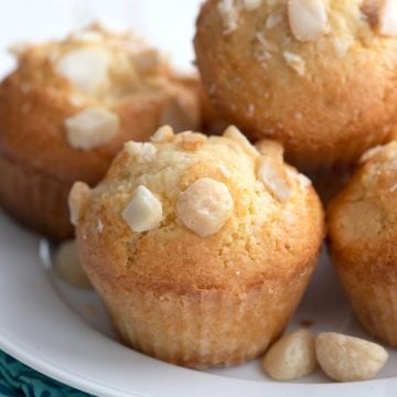 Close up shot of keto macadamia nut muffins on a white plate.
