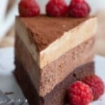 A slice of Keto Chocolate Espresso Mousse Cake close up, with the title across the top.
