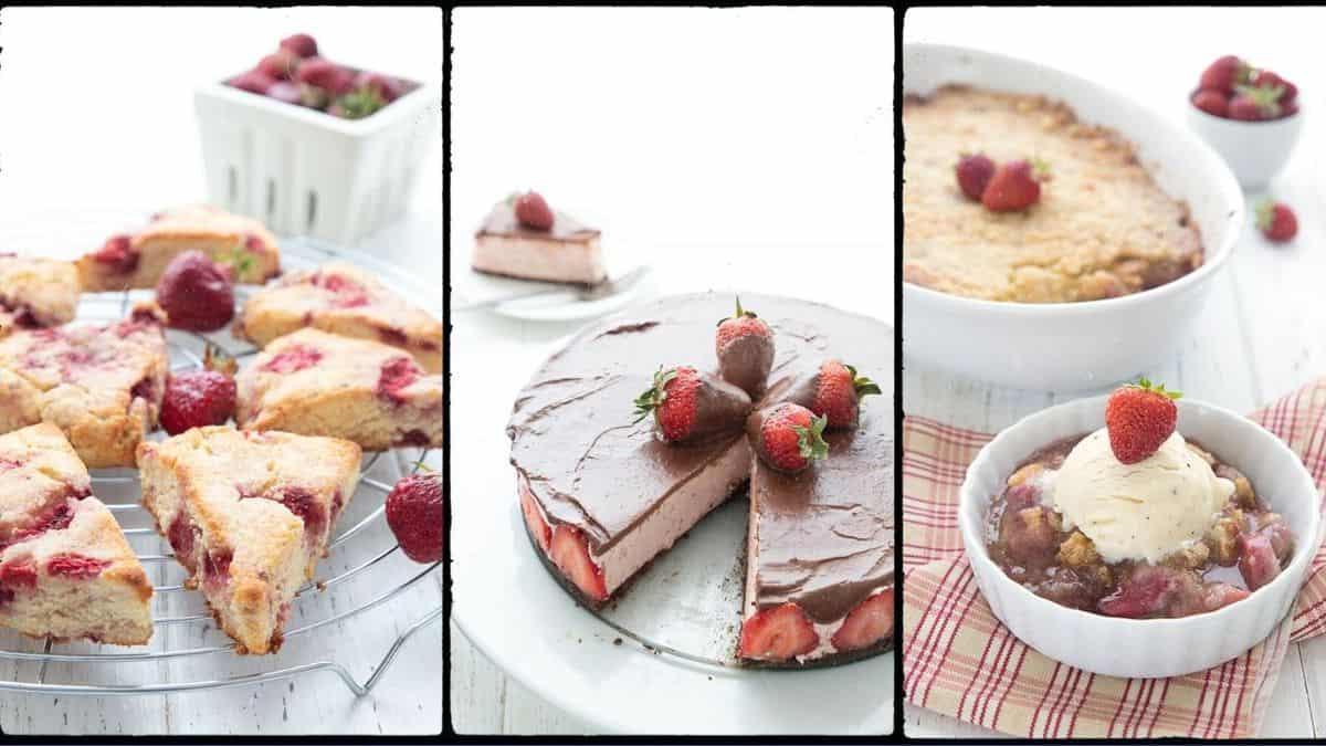 A horizontal collage of three keto strawberry recipes: scones, cheesecake, and dump cake.