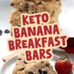 Two photo Pinterest collage for Keto Banana Breakfast Bars with the title in the center.