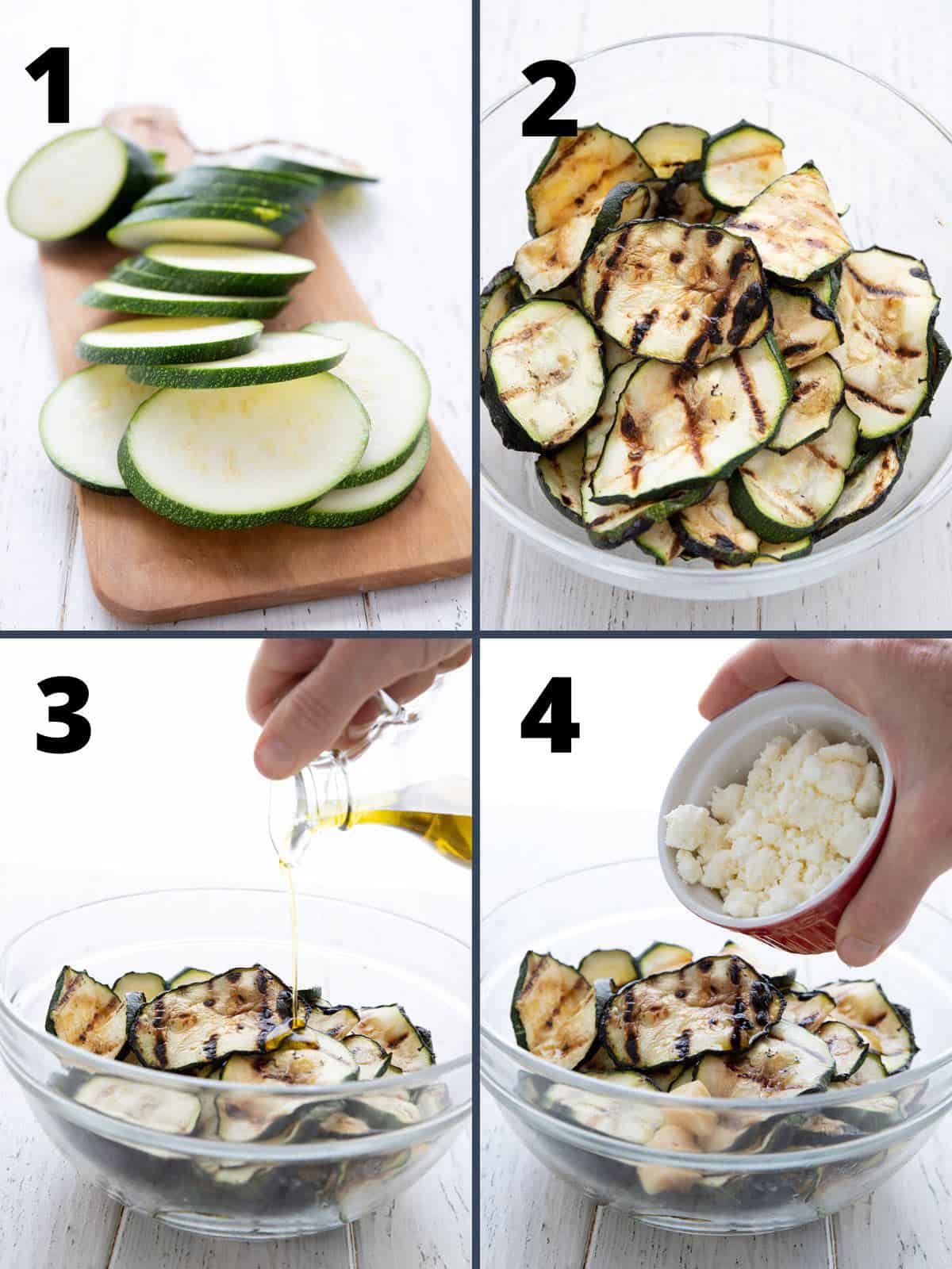 A collage of 4 images showing the steps for making perfect grilled zucchini.
