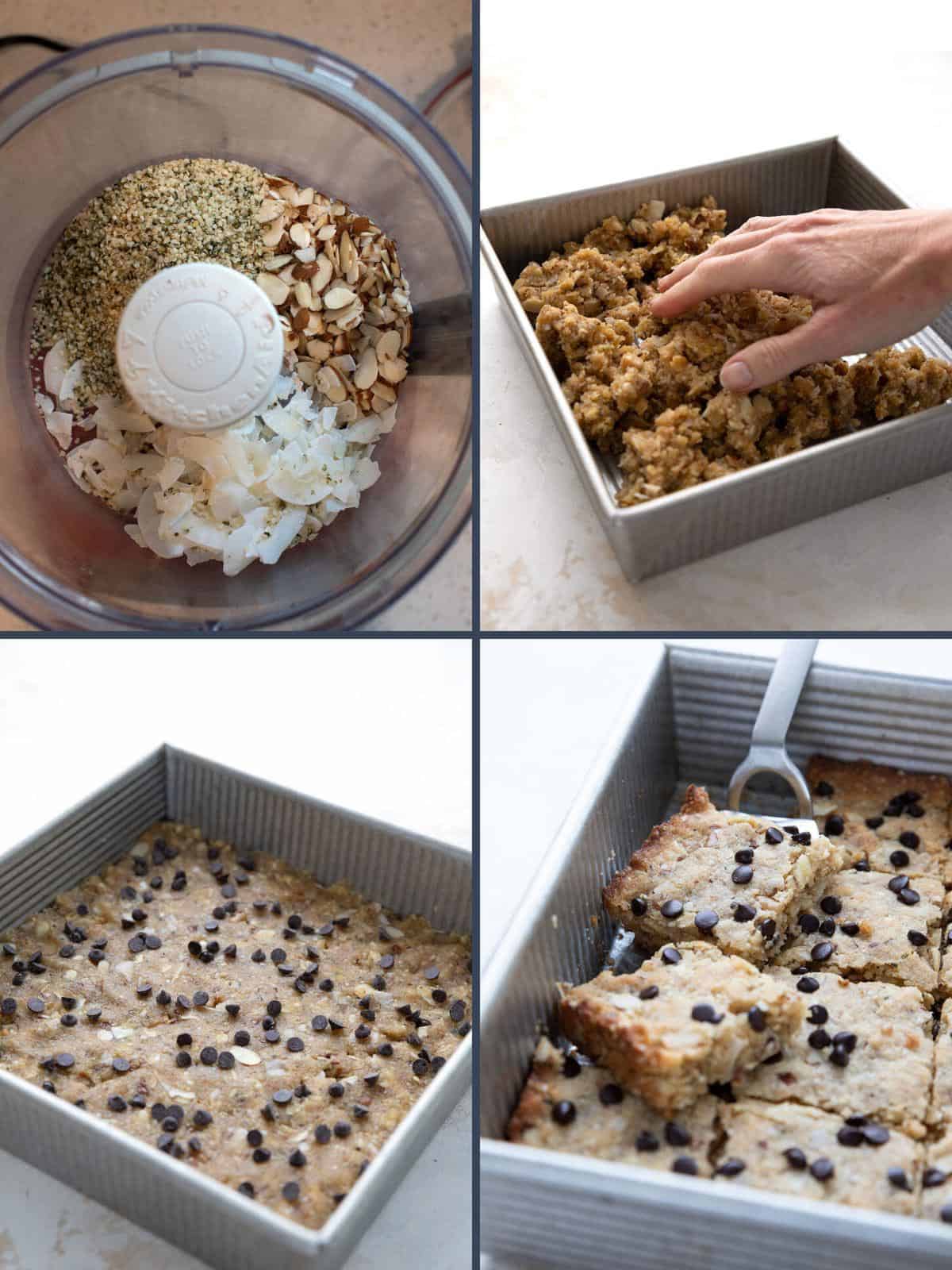 A collage of 4 images showing the steps for making keto breakfast bars.