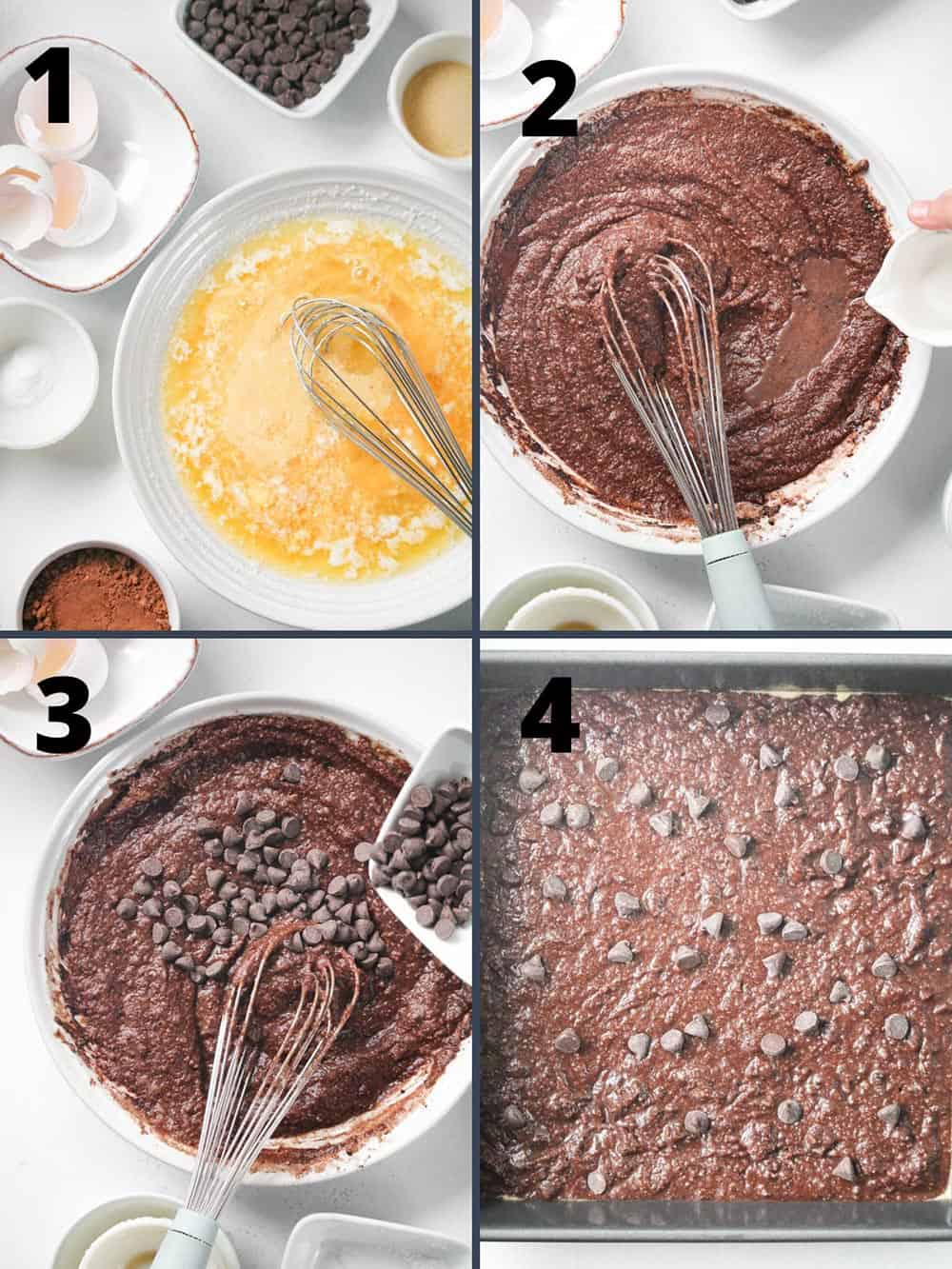 A collage of 4 images showing how to make keto brownies.