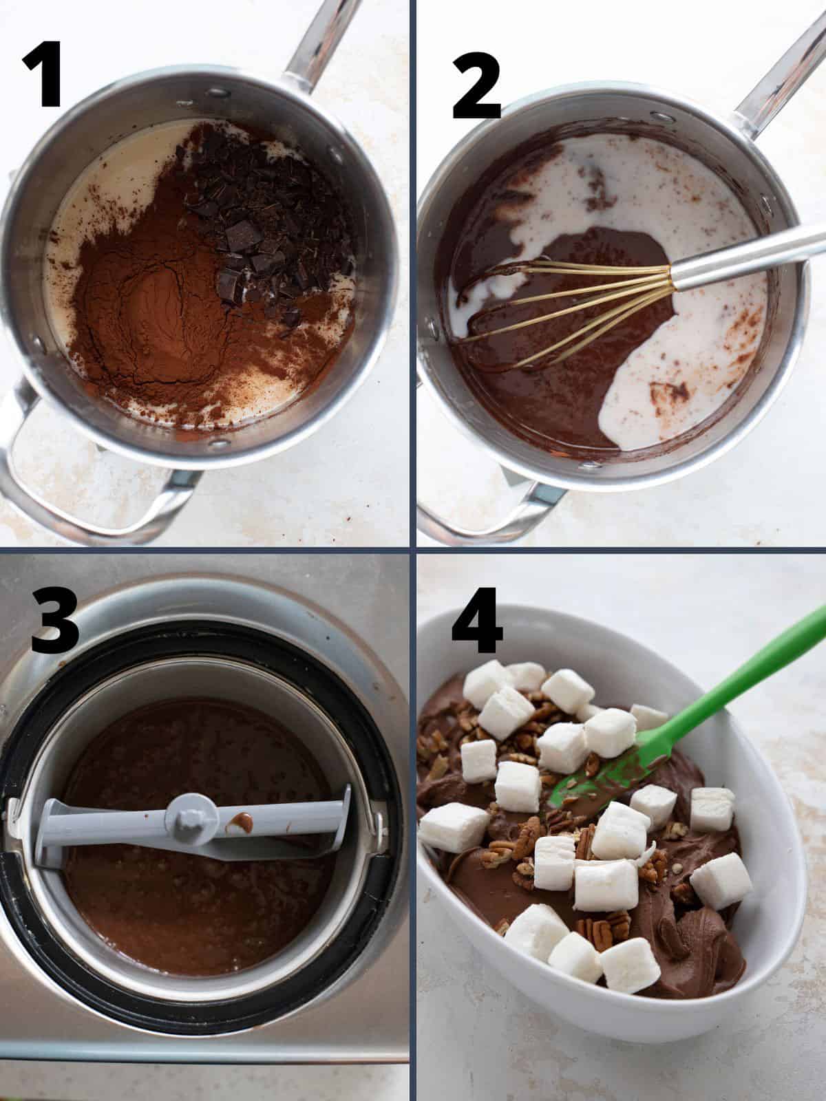 A collage of 4 images showing how to make keto rocky road ice cream.