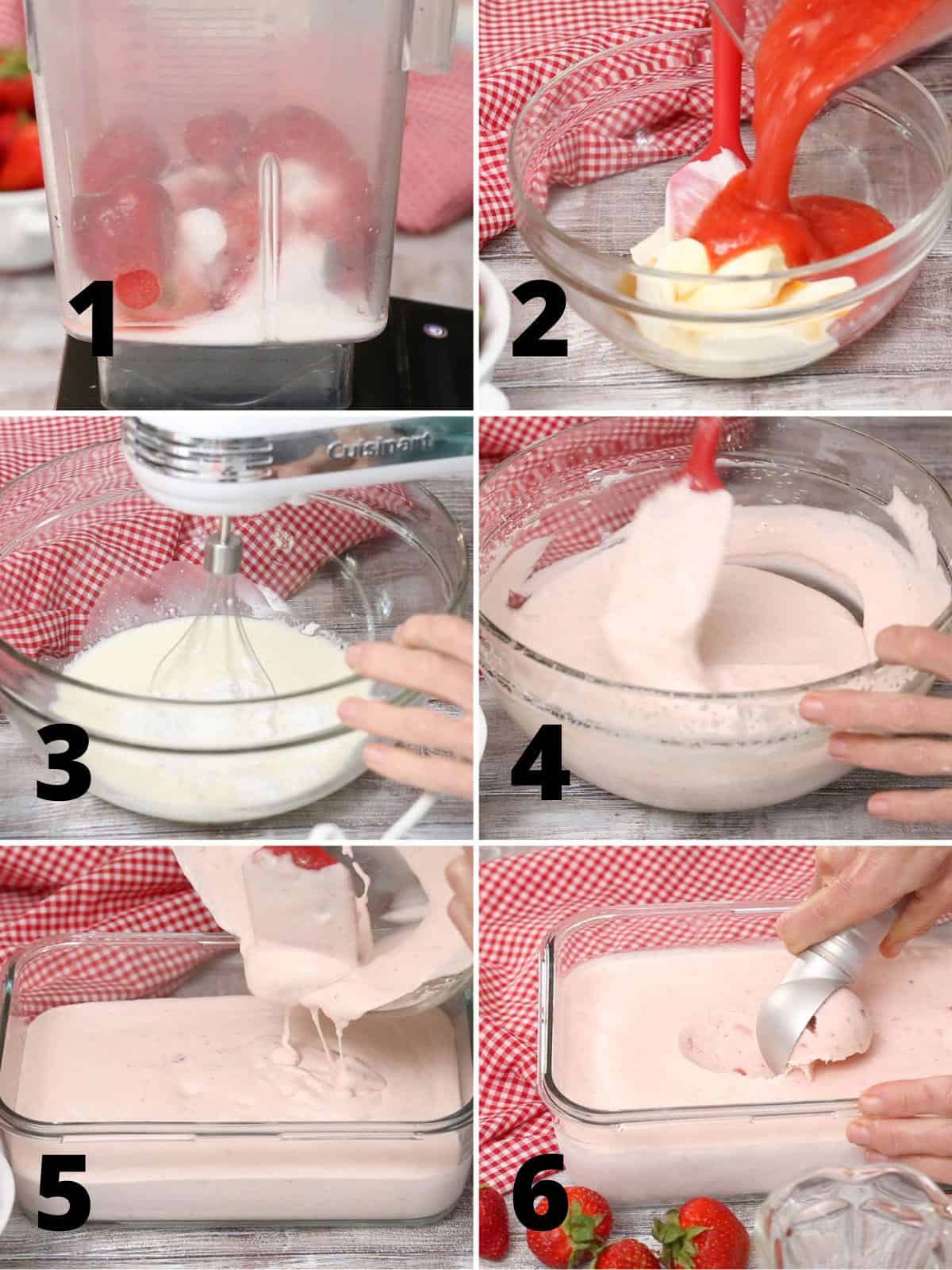 6 images showing the steps for making no-churn keto strawberry ice cream.