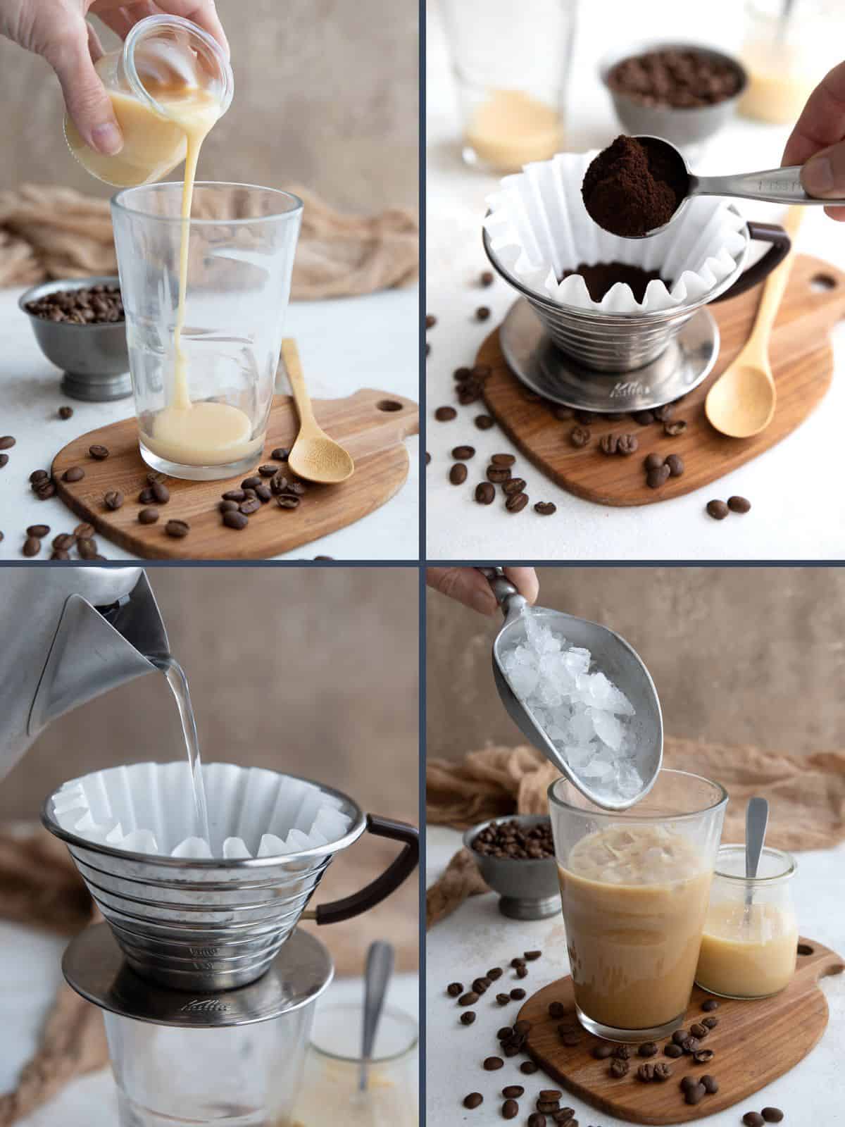 A collage of four images showing the steps for making Keto Vietnamese Iced Coffee.