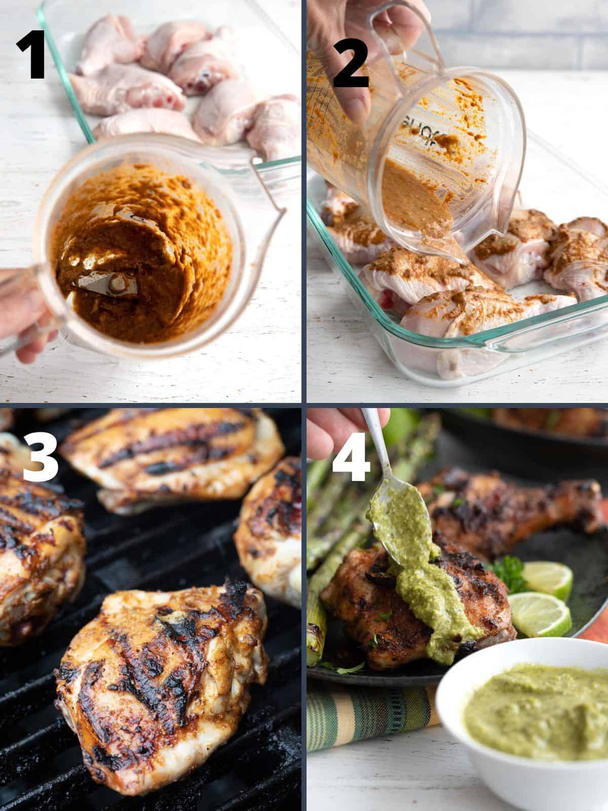 A collage of 4 images showing how to make Peruvian Chicken.