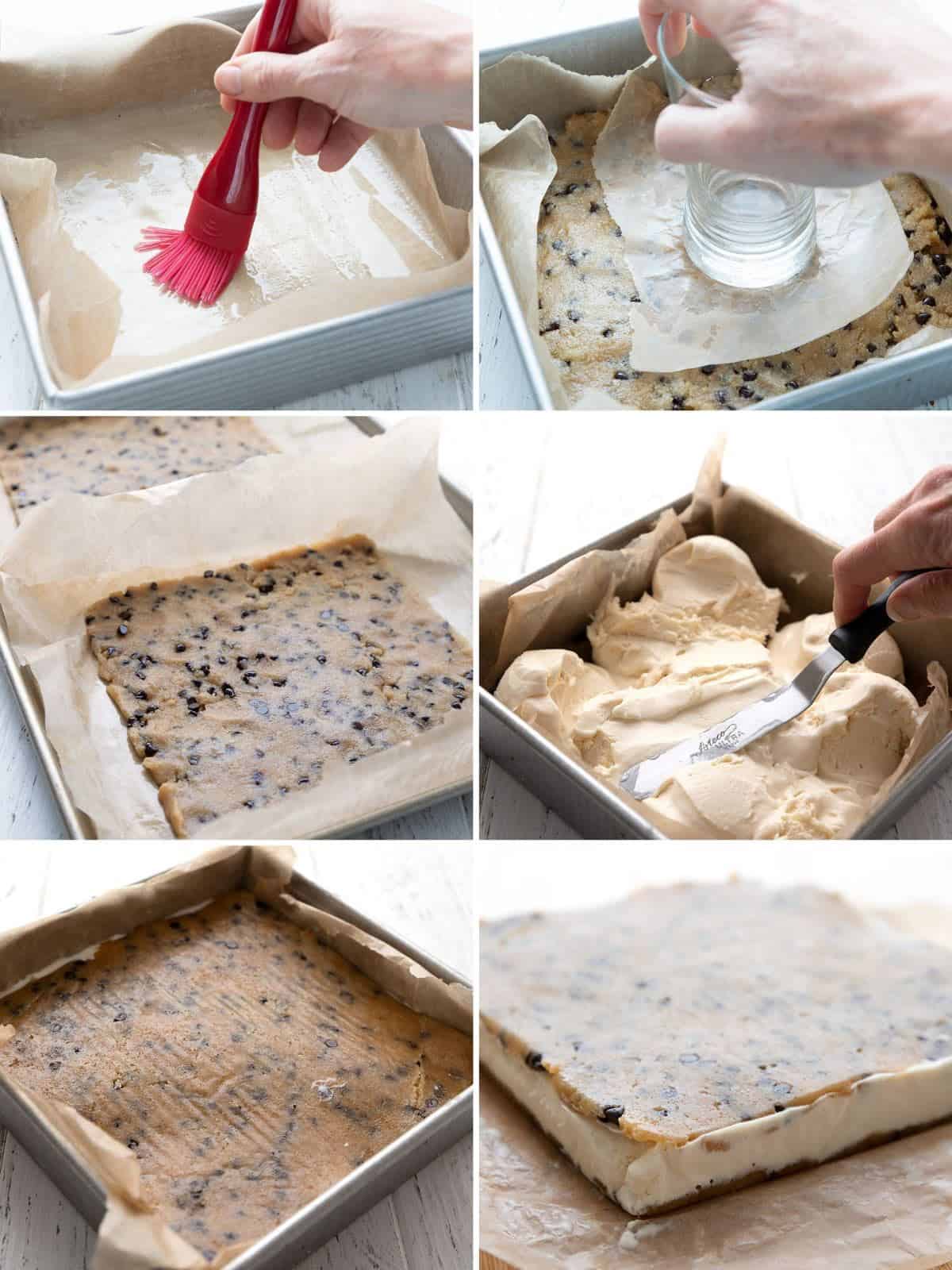A collage of 6 photos showing how to make keto cookie dough ice cream bars.