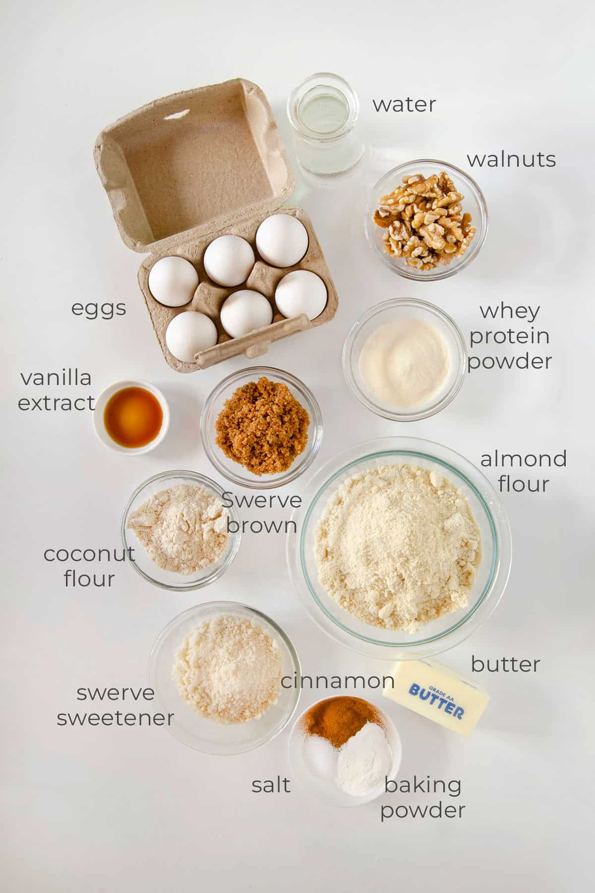 Top down image of the ingredients for keto coffee cake, with labels.