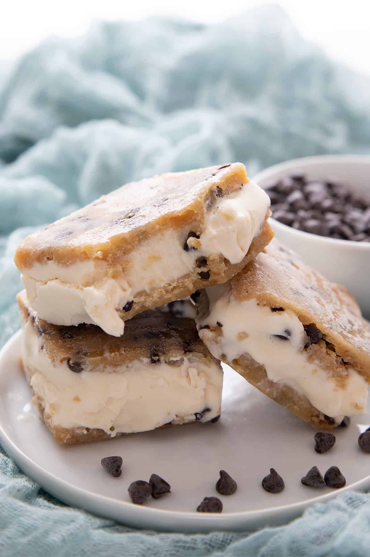 Close up shot of keto cookie dough ice cream bars with a bite taken out of the top one.