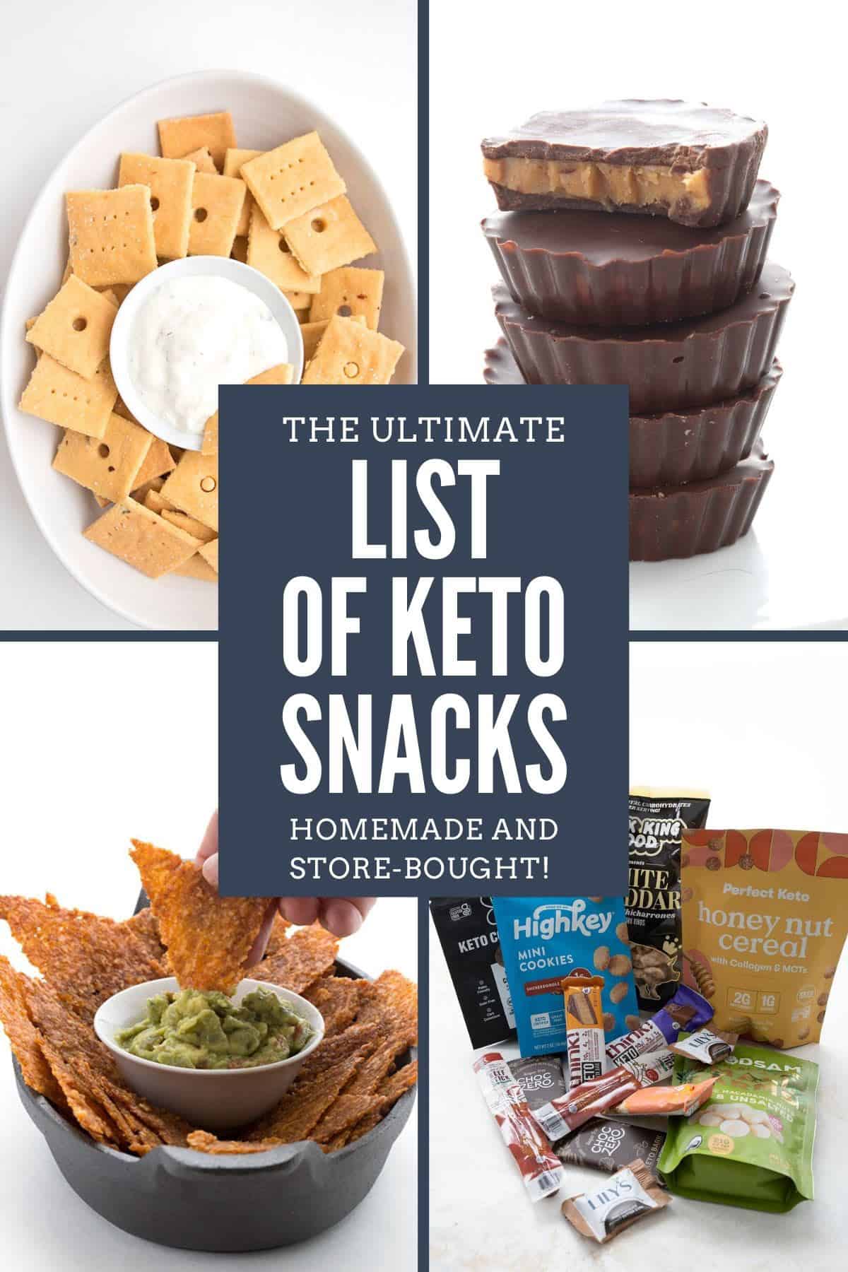 Titled image: A collage of four images showing different keto snack ideas with the title in the center.